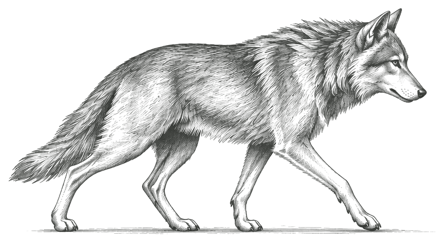 Engraved drawing of a wolf walking
